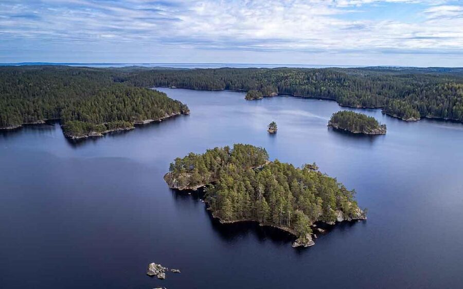 Wooded islands scattered through the Stockholm archipelago